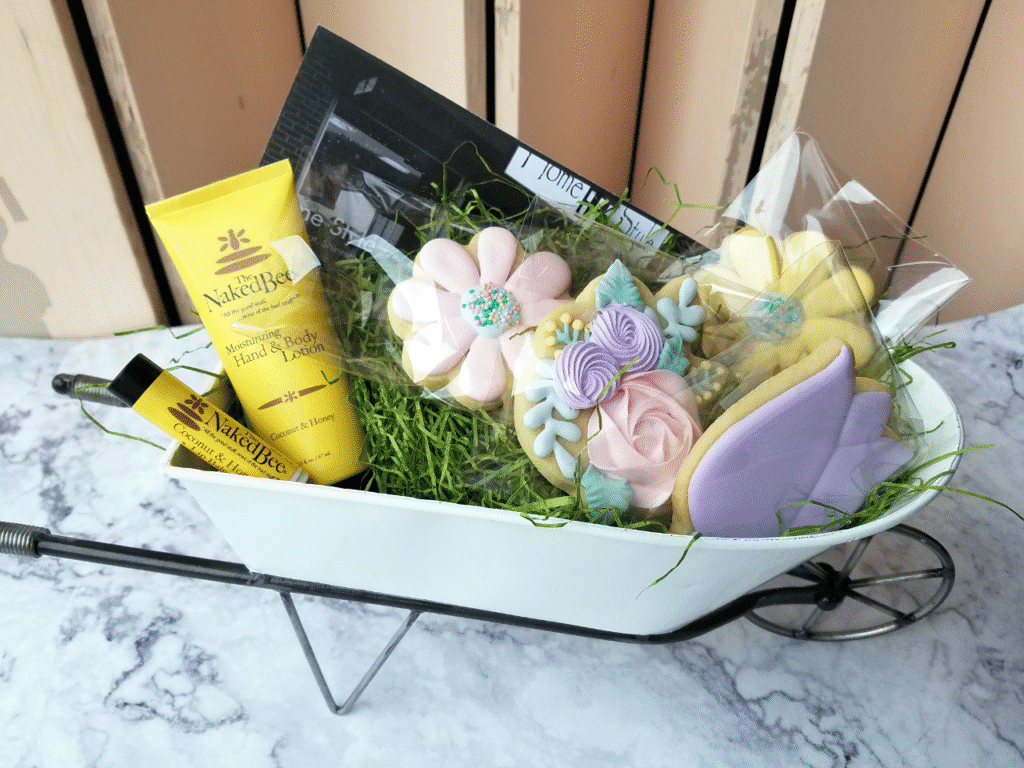 Decorative cookies in a gift basket.
